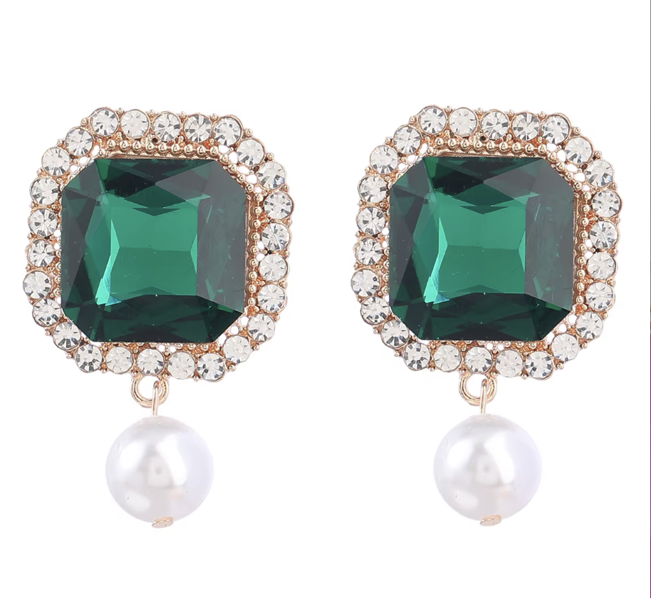 Square Cut Crystal Earrings with Pearl Drop