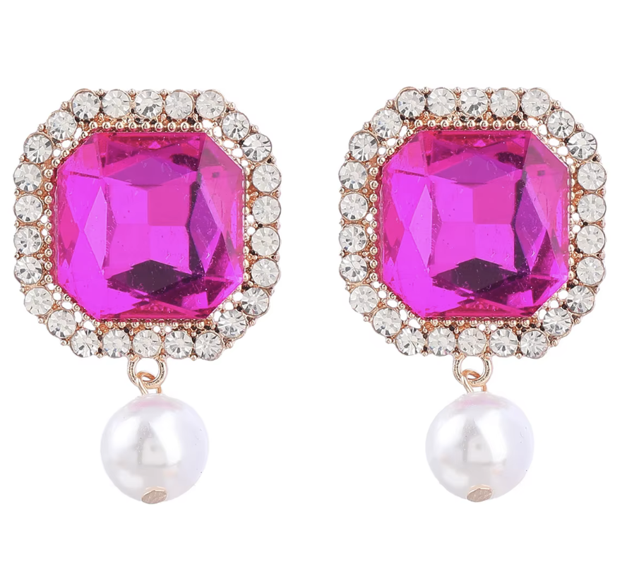 Square Cut Crystal Earrings with Pearl Drop