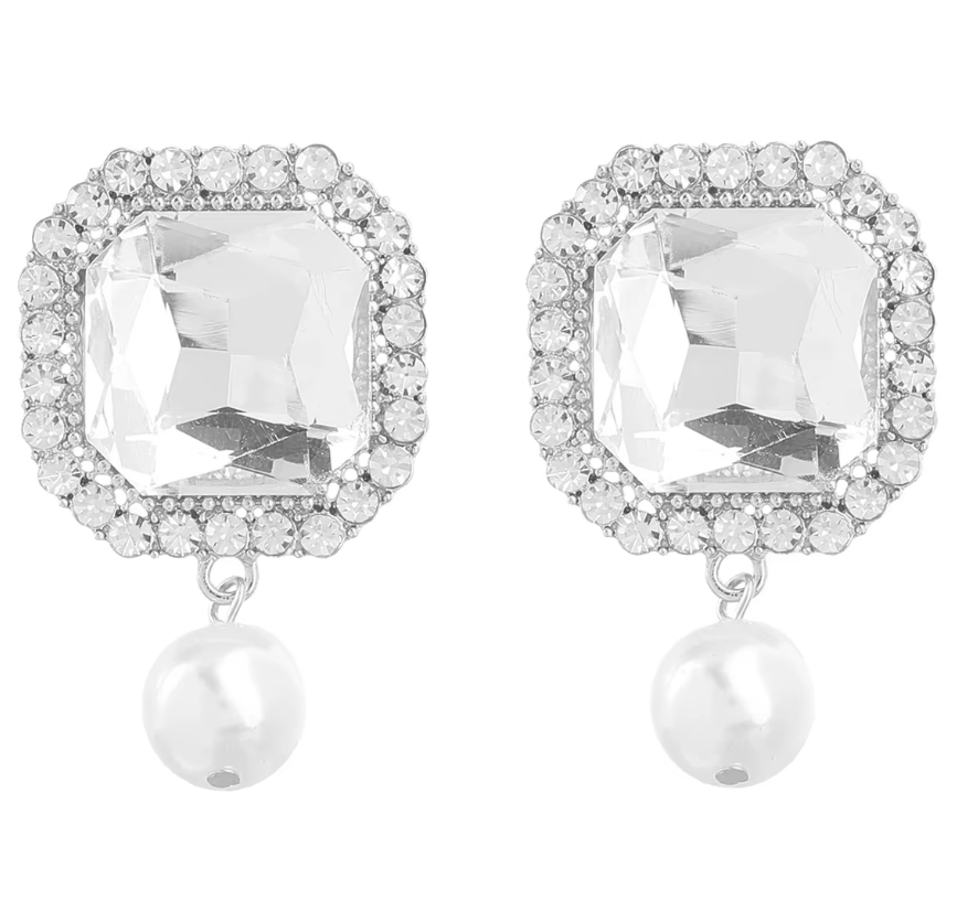 Square Cut Crystal Earrings with Pearl Drop